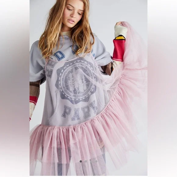 Push Send Free People Tulle Slip Dress Mini Silverberry Ruffle Tier - Picture 1 of 7